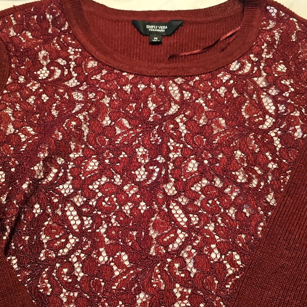 Simply Vera Vera Wang Maroon Lace Overlay Sweater Womans Medium - Picture 2 of 13